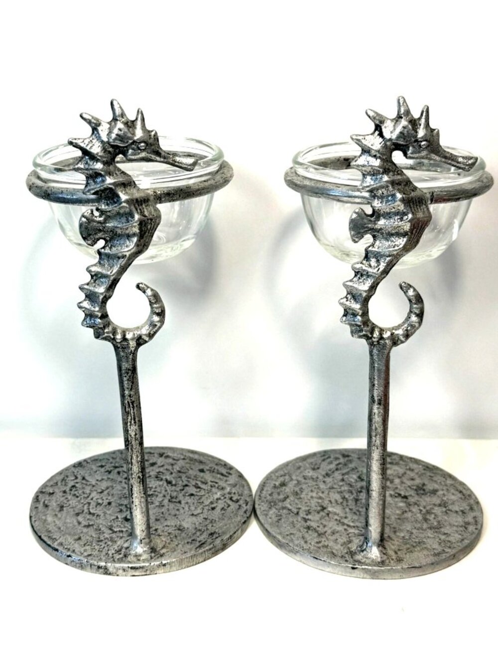 Pottery Barn Seahorse Art Metal Snack Bowl/ Tea Light Statue Set of Two Vintage